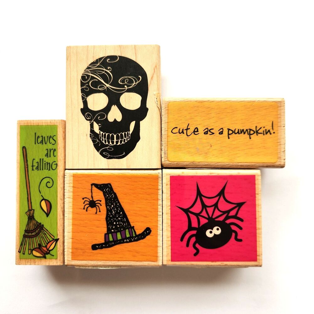 Halloween Wood Mounted Rubber Stamp Lot 5pc Skull Witch Spider Broom Studio G